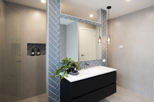 San Tropez bathroom design with wall mounted counter
