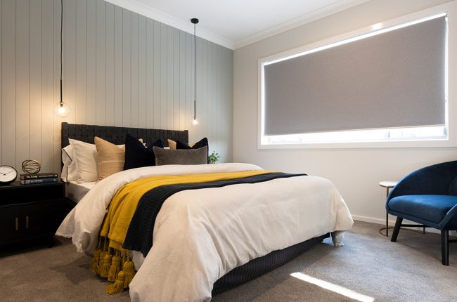 Monaco 1 211 master bedroom with grey panelled walls