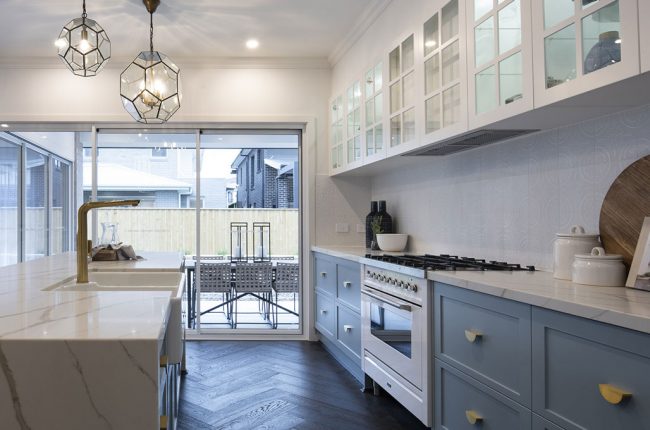 Whitehaven 238 kitchen with glass chandeliers over island bench