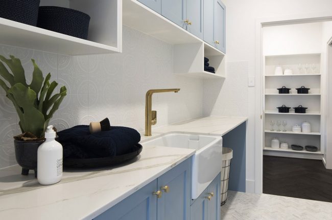 Whitehaven 238 laundry with pale blue cupboards