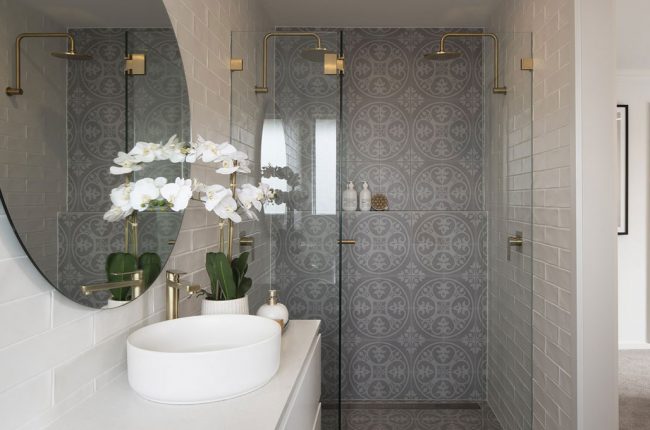 Whitehaven 238 bathroom design with patterned feature wall in shower