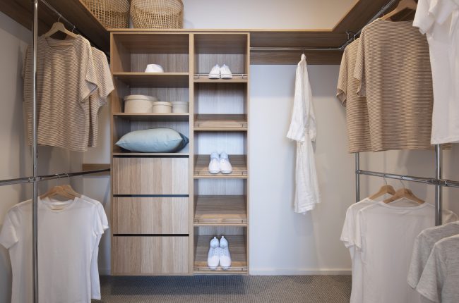 Bondi 249 walk in wardrobe with timber shelves
