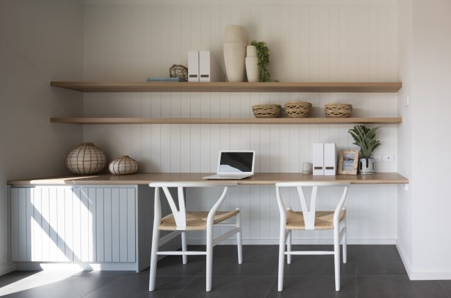 Bondi 249 study nook with white panelled feature wall