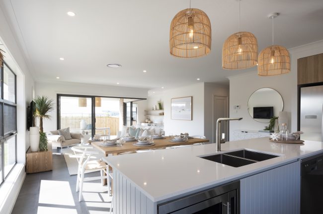 Bondi 249 open plan kitchen with cane chandeliers