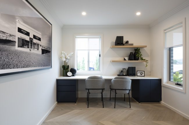 Riviera 1 267 study with floating shelves and plant life