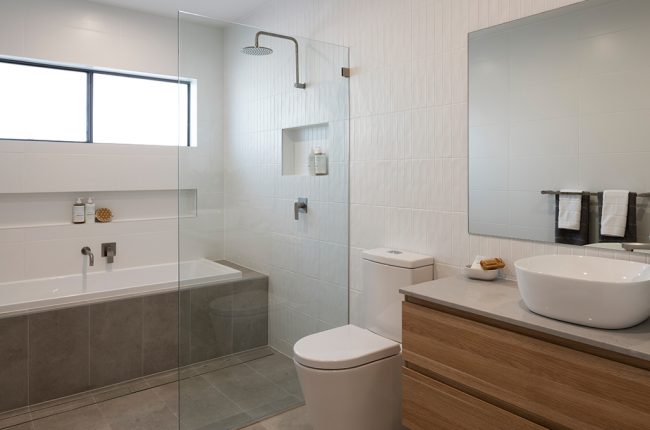 Bondi 249 home design with frameless shower and bath recess