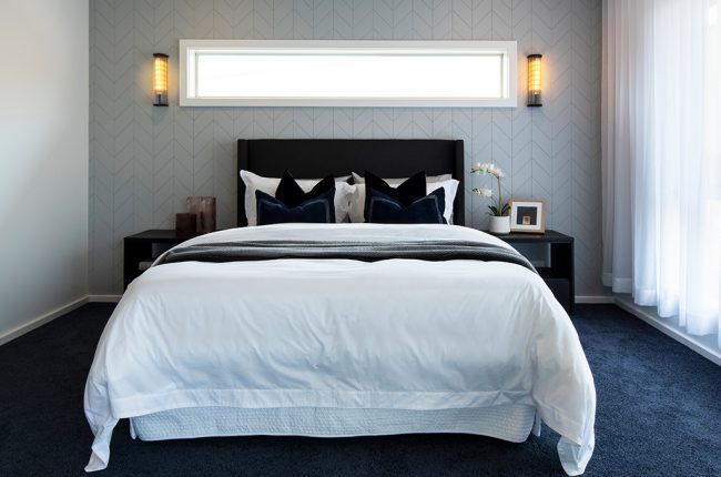 Riviera 1 267 master bedroom with geometric panelled walls