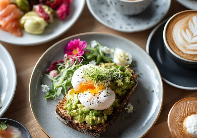 Brunch spread avocado toast, eggs, coffee and salmon