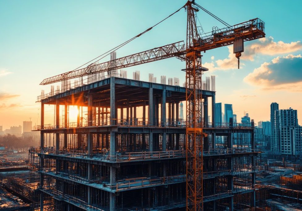 Construction site with crane building modern skyscraper at sunset